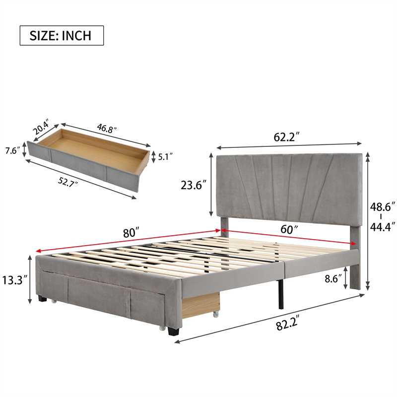 Afuera Living Queen Velvet Platform Bed with Storage Drawer 500 lbs Capacity