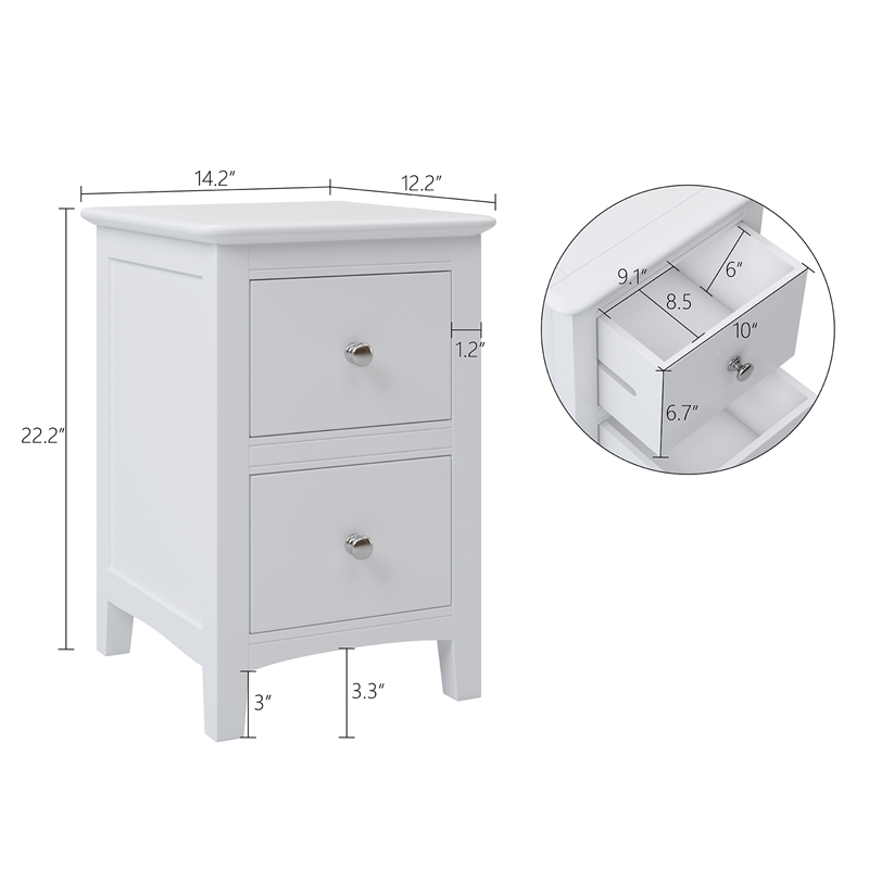 Afuera Living 2-Drawer Solid Pine Wood Nightstand with Metal Rails in White