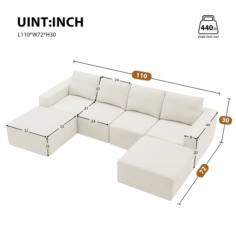 Afuera Living White Chenille U-Shaped Modular Floor Sofa - No Assembly Required