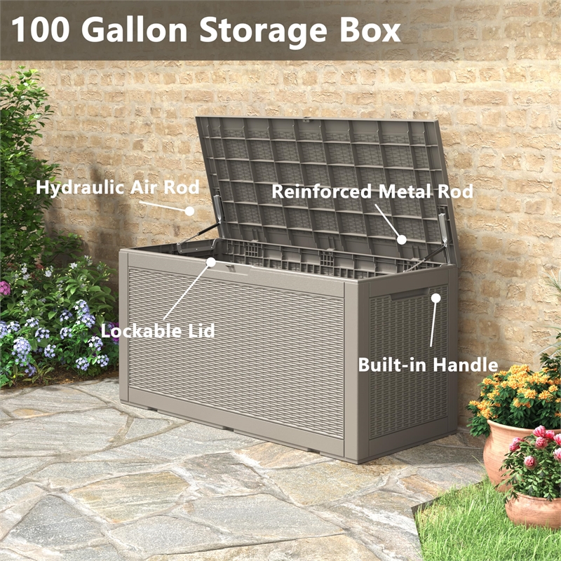 Afuera Living 100-Gallon Resin Outdoor Storage Box w/ Rattan Effect & Gas Spring