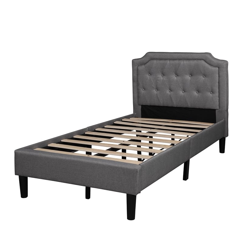 Afuera Living Twin Scalloped Linen Platform Bed with Button-Tufted Headboard