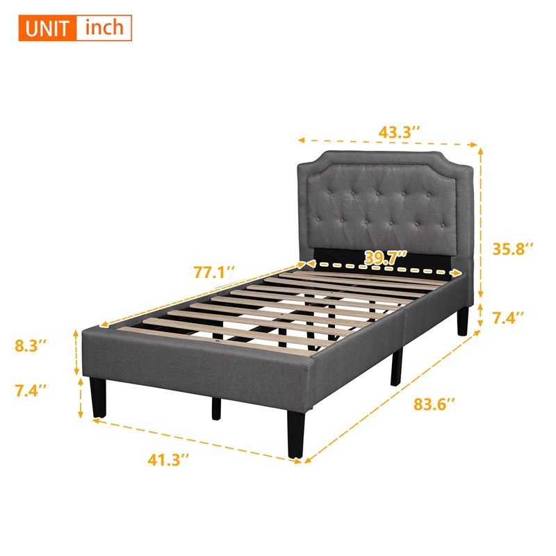 Afuera Living Twin Scalloped Linen Platform Bed with Button-Tufted Headboard