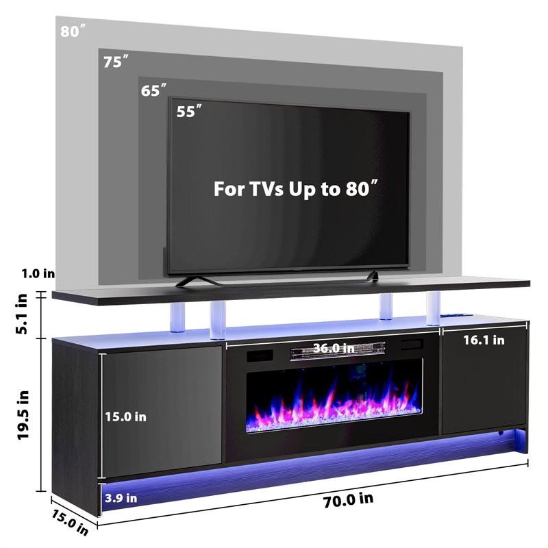 Afuera Living 70-Inch Black TV Stand with 36-Inch 750W/1500W Fireplace & LED