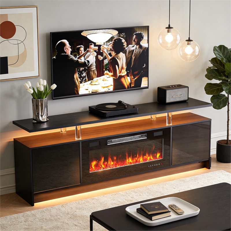 Afuera Living 70-Inch Black TV Stand with 36-Inch 750W/1500W Fireplace & LED