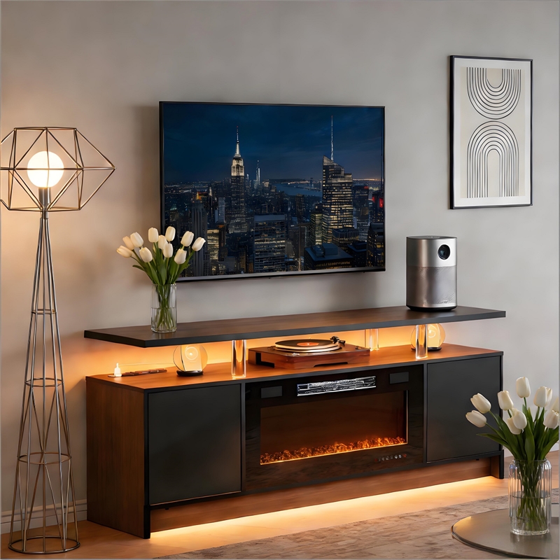 Afuera Living 70-Inch Black TV Stand with 36-Inch 750W/1500W Fireplace & LED