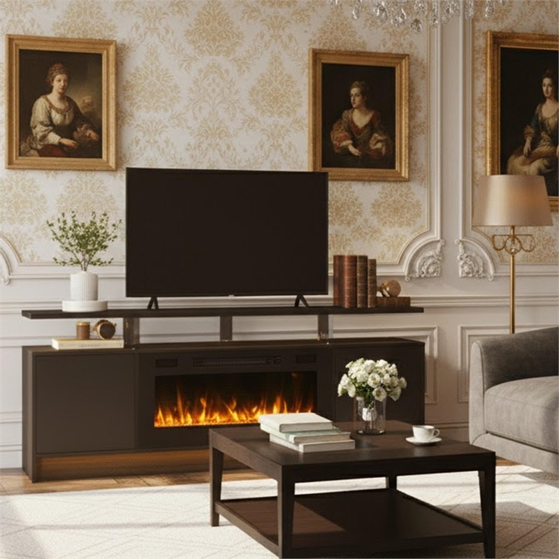 Afuera Living 70-Inch Black TV Stand with 36-Inch 750W/1500W Fireplace & LED