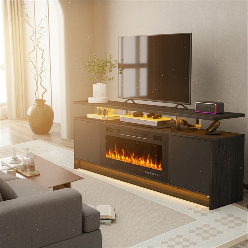 Afuera Living 70-Inch Black TV Stand with 36-Inch 750W/1500W Fireplace & LED