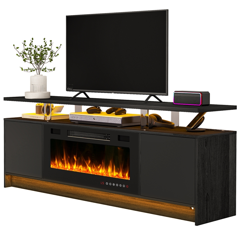 Afuera Living 70-Inch Black TV Stand with 36-Inch 750W/1500W Fireplace & LED