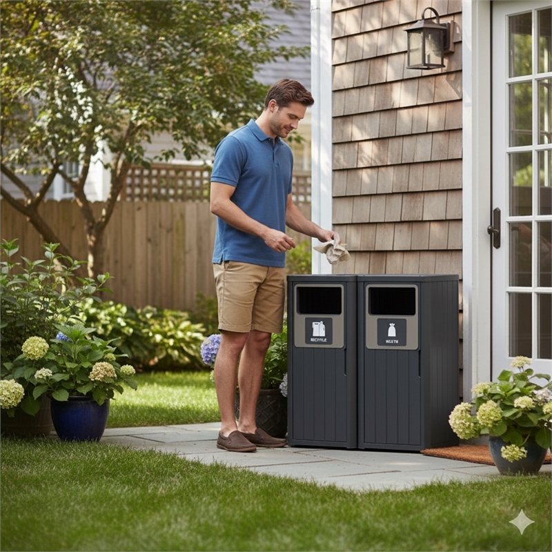 Afuera Living Gray Resin Double-Compartment Trash Cans with Weighted Base