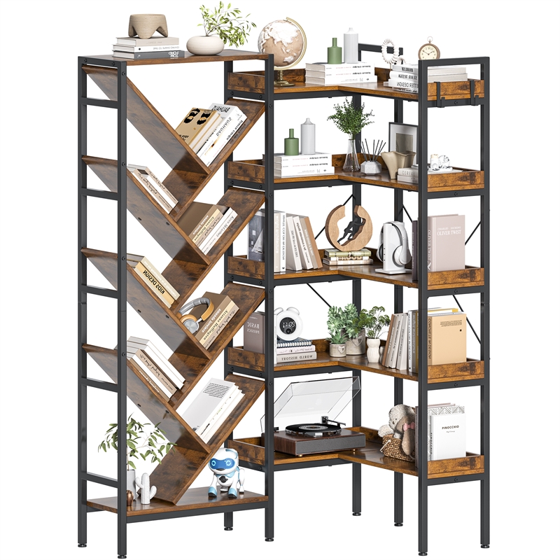 Afuera Living L-Shaped Reversible 5-Tier Bookshelf with 1.97-Inch Thick Shelves