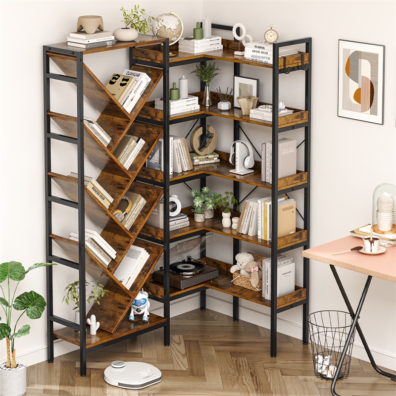 Afuera Living L-Shaped Reversible 5-Tier Bookshelf with 1.97-Inch Thick Shelves