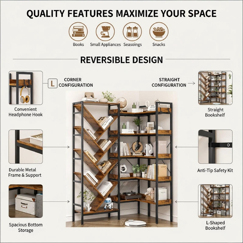 Afuera Living L-Shaped Reversible 5-Tier Bookshelf with 1.97-Inch Thick Shelves