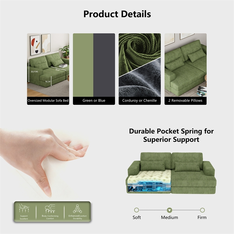 Afuera Living 93-Inch Green Wide Arm Upholstered Sleeper Sofa 500 lbs