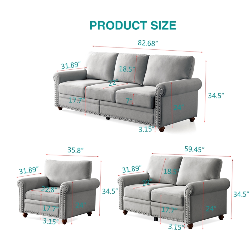 Afuera Living 3-Piece Grey Linen Sofa Set with Hidden Storage 900 lbs Total