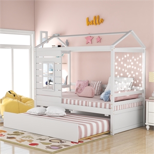 Afuera Living Twin House Bed with Twin Trundle & Guardrails & Pine Wood Frame