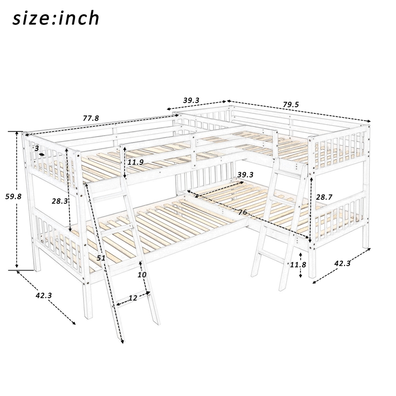 Afuera Living Twin L-Shaped Pine Wood Bunk Bed 76-Inch with 2 Install Methods