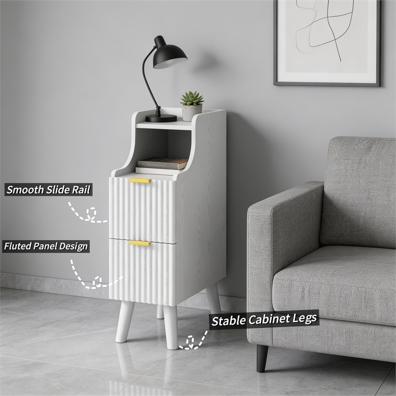 Afuera Living Slim White Fluted Nightstand with 2 Drawers & Guard Rail