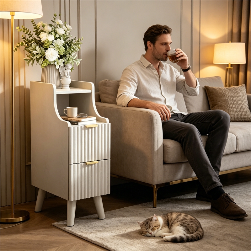 Afuera Living Slim White Fluted Nightstand with 2 Drawers & Guard Rail