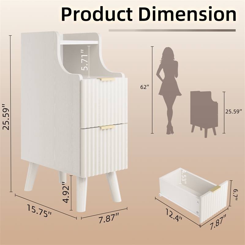 Afuera Living Slim White Fluted Nightstand with 2 Drawers & Guard Rail