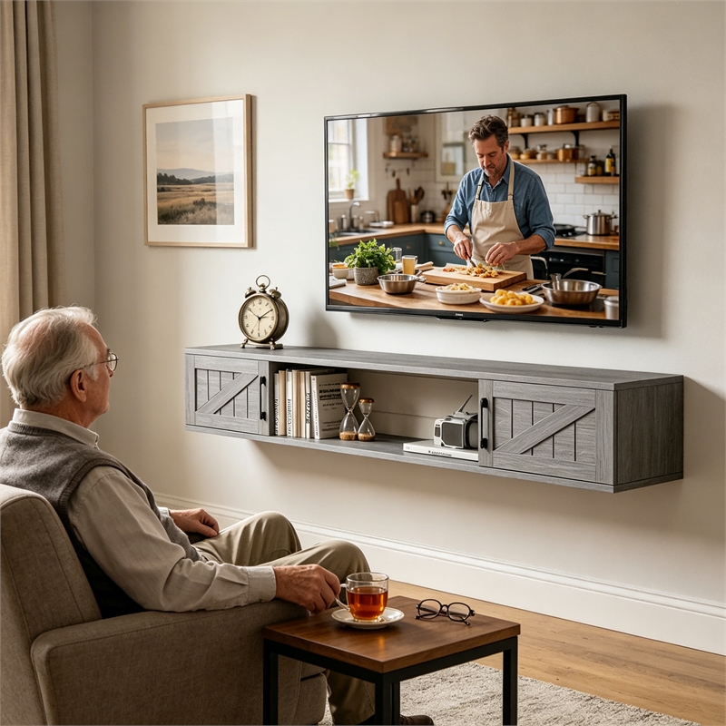 Afuera Living 80-Inch Gray Wall Mount Floating TV Stand 2 Cabinets & Open Shelf