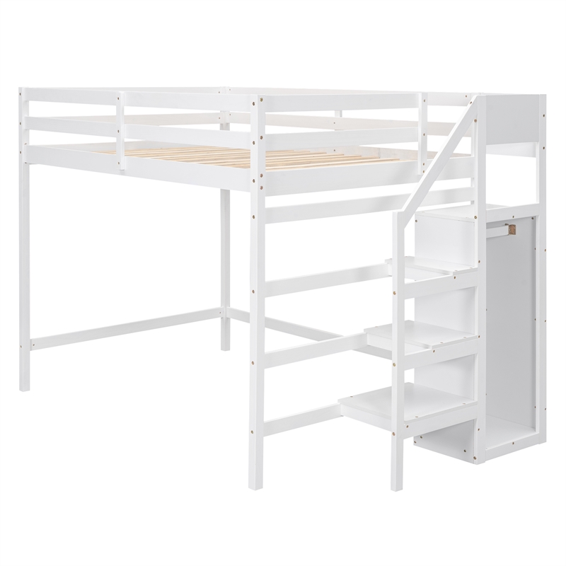 Afuera Living Full Loft Bed with Built-in Storage Wardrobe & Pine Staircase