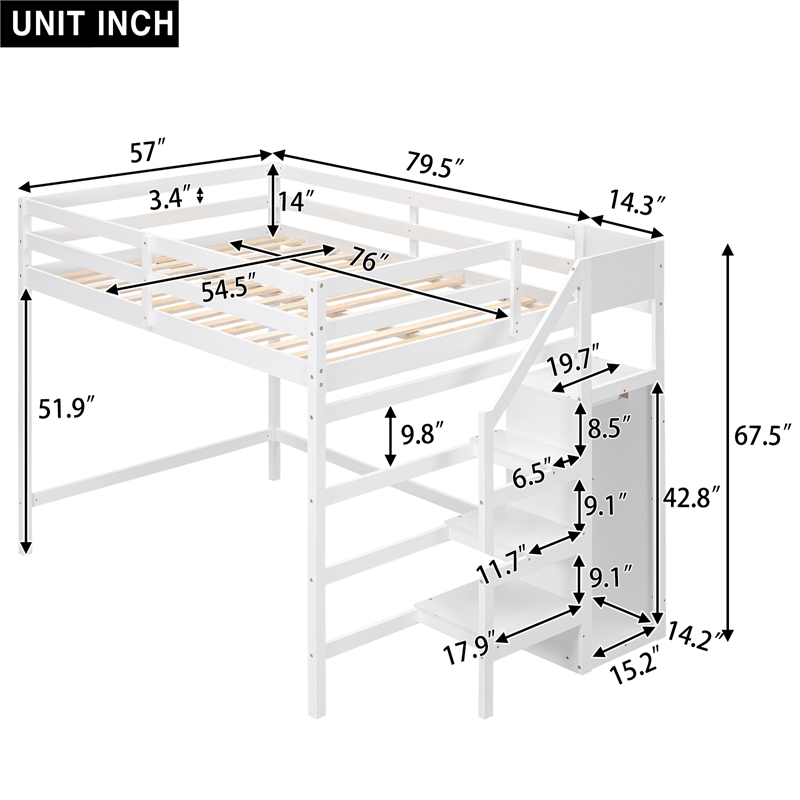 Afuera Living Full Loft Bed with Built-in Storage Wardrobe & Pine Staircase