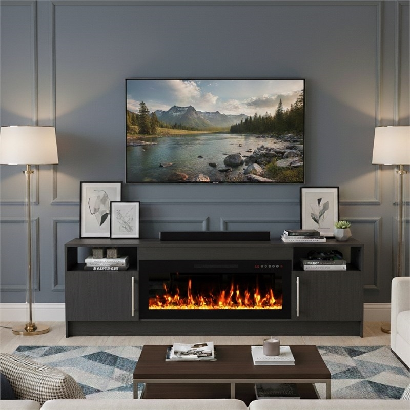 Afuera Living 70-Inch Black TV Stand with 36-Inch 20 LED Mode Fireplace 220 lbs