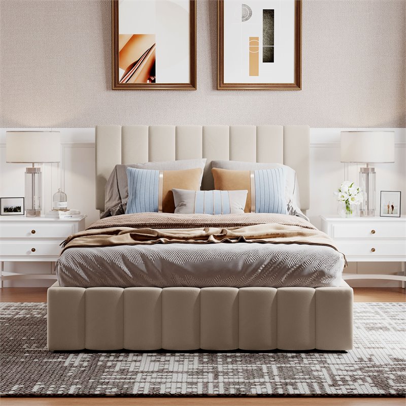 Afuera Living Full Beige Upholstered Platform Bed with Hydraulic Storage