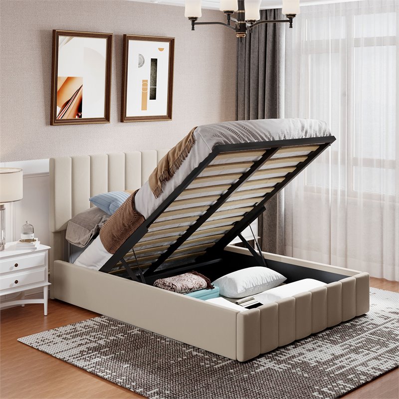 Afuera Living Full Beige Upholstered Platform Bed with Hydraulic Storage
