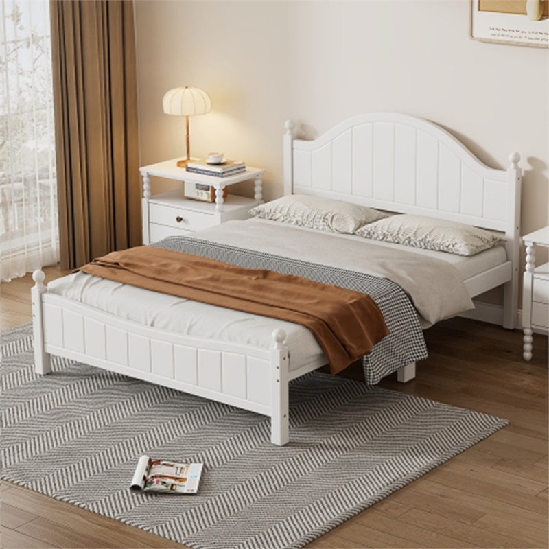 Afuera Living White Solid Wood Full Bed with 8 Slats No Box Spring Needed