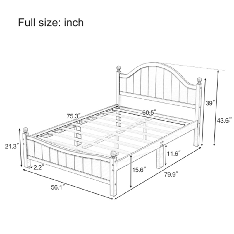 Afuera Living White Solid Wood Full Bed with 8 Slats No Box Spring Needed