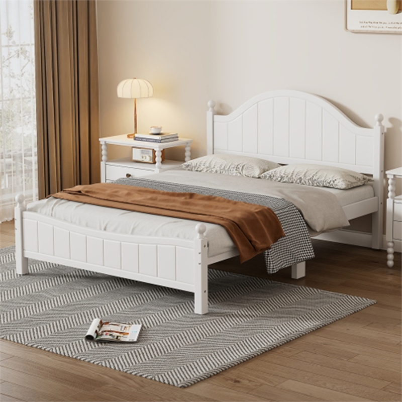 Afuera Living White Solid Wood Full Bed with 8 Slats No Box Spring Needed