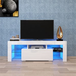 Afuera Living White TV Stand with LED Lights & 5 Open Shelves for up to 55 Inch
