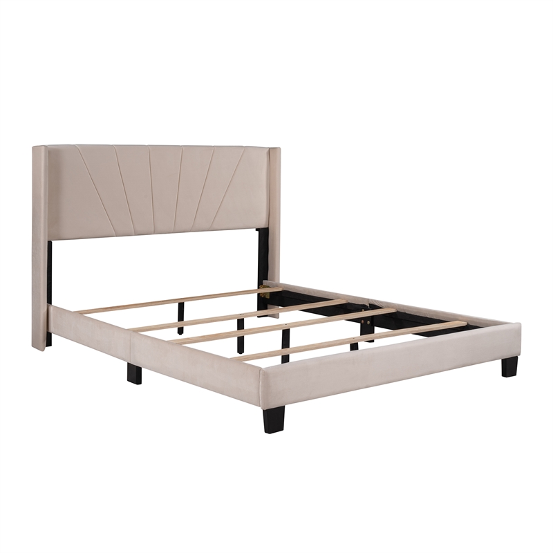Afuera Living Queen Beige Velvet Platform Bed 500 lbs Box Spring Needed