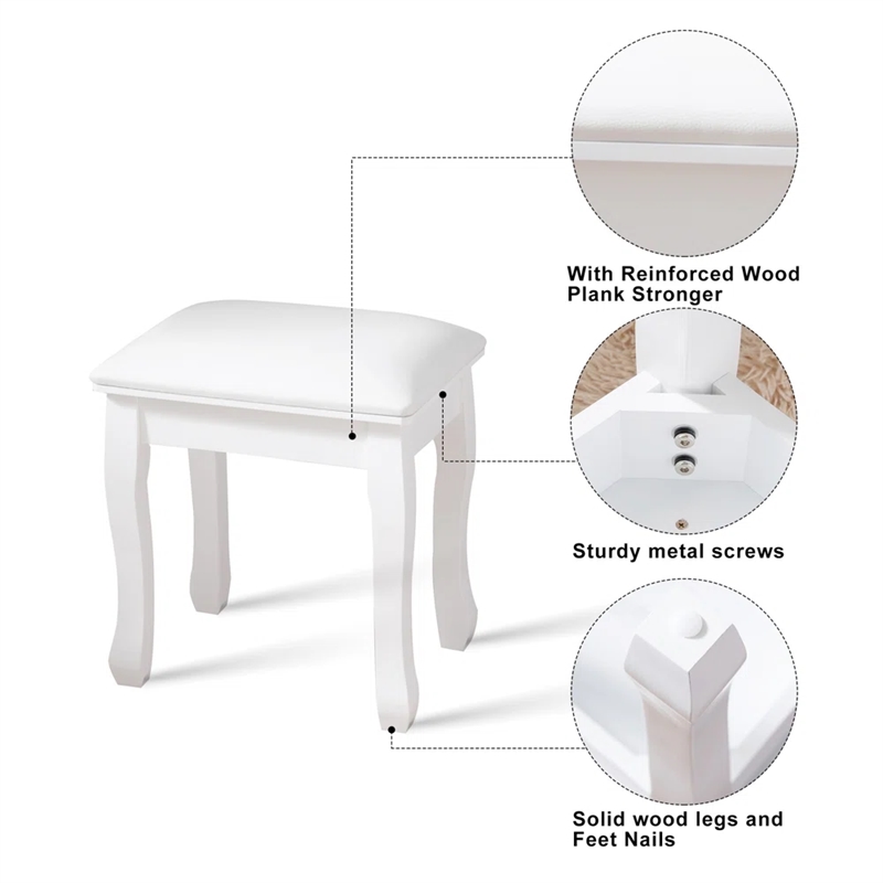 Afuera Living 18-Inch White Vanity Stool MDF & Solid Wood with Flannel Cushion
