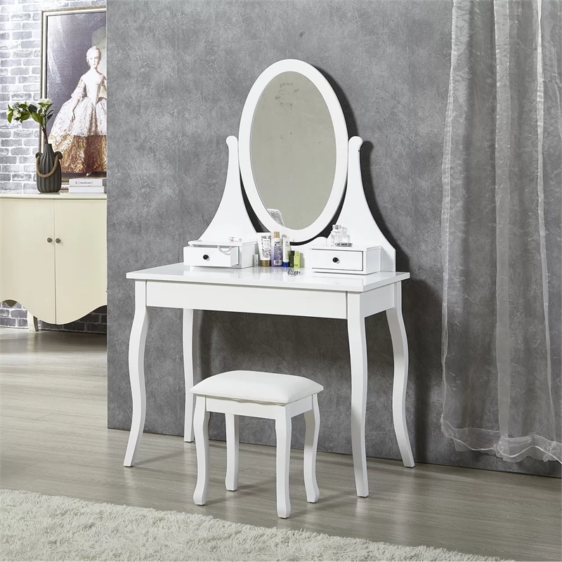 Afuera Living 18-Inch White Vanity Stool MDF & Solid Wood with Flannel Cushion