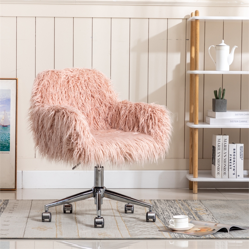Afuera Living 33.6-Inch Pink Faux Fur Office Chair Adjustable Height Chrome Base