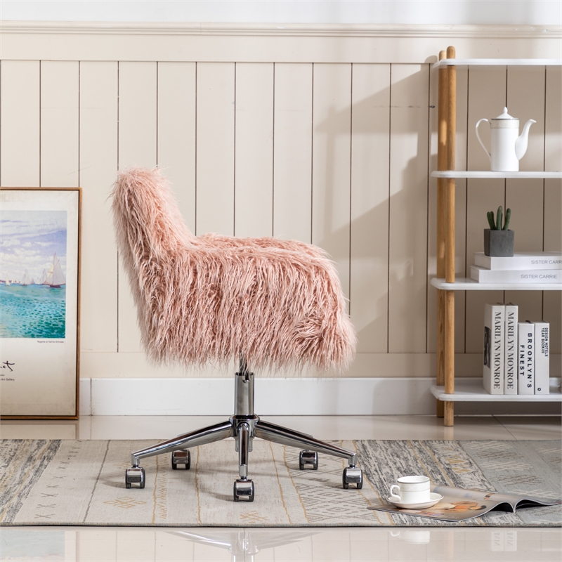 Afuera Living 33.6-Inch Pink Faux Fur Office Chair Adjustable Height Chrome Base