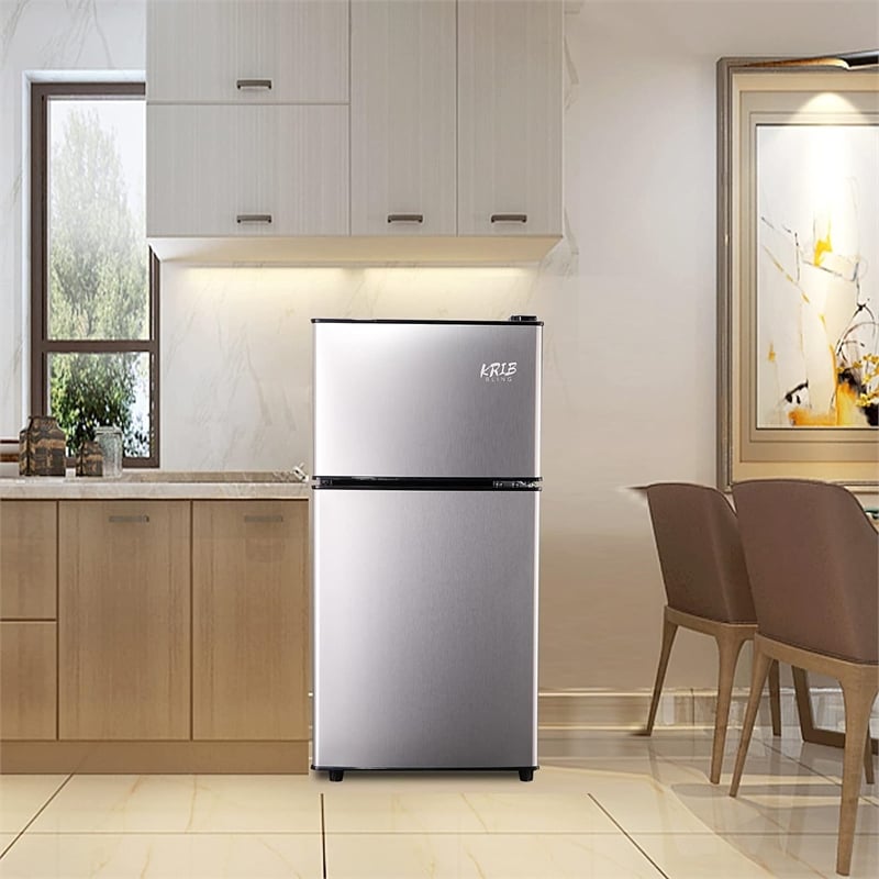 Afuera Living 3.5 Cu Ft Silver Steel Mini Fridge 2.3 Fridge + 1.2 Freezer