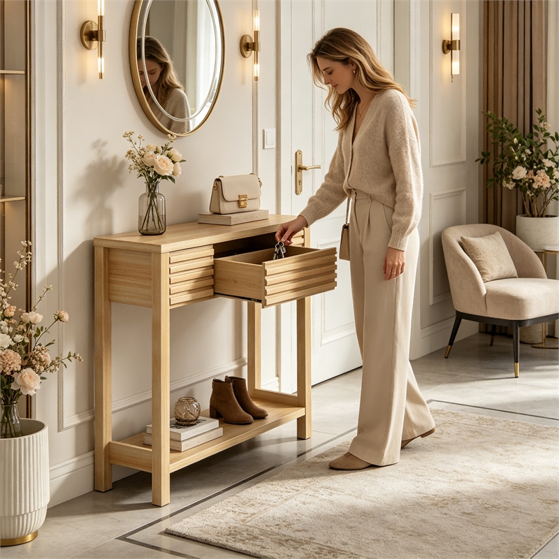 Afuera Living 40-Inch Medium Wood Fluted Console Table with 2 Drawers 39.4x11.7