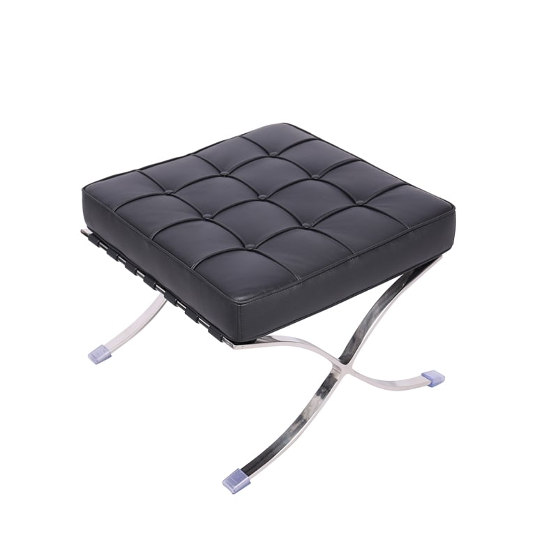 Afuera Living Black Tufted Leather Ottoman with Stainless Steel X-Base Frame