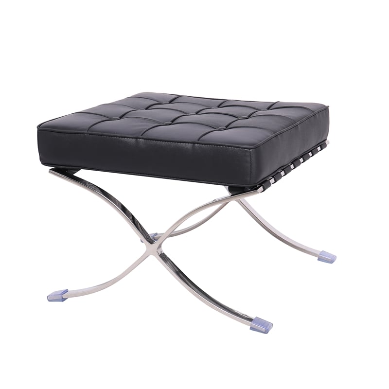 Afuera Living Black Tufted Leather Ottoman with Stainless Steel X-Base Frame