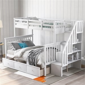 Afuera Living Stairway Twin-Over-Full Bunk Bed with 4 Shelves & Guard Rail