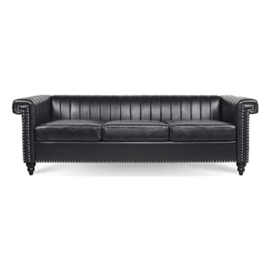 Afuera Living 83.5-Inch Black PU Leather 3-Seater Chesterfield Sofa Wood Frame