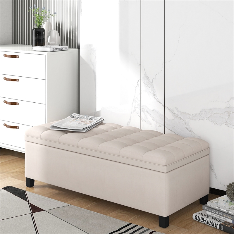 Afuera Living Beige Button-Tufted Rubber Wood Upholstered Flip-Top Storage Bench