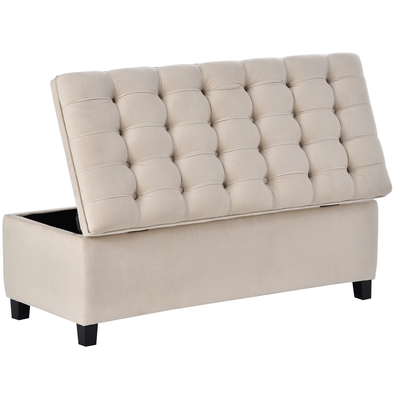 Afuera Living Beige Button-Tufted Rubber Wood Upholstered Flip-Top Storage Bench