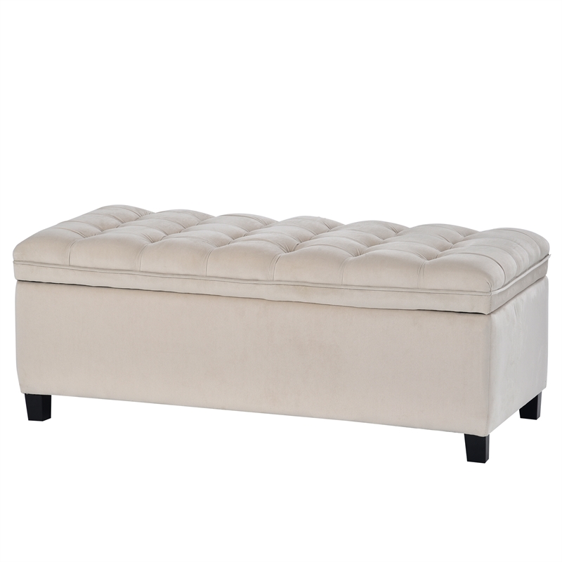Afuera Living Beige Button-Tufted Rubber Wood Upholstered Flip-Top Storage Bench