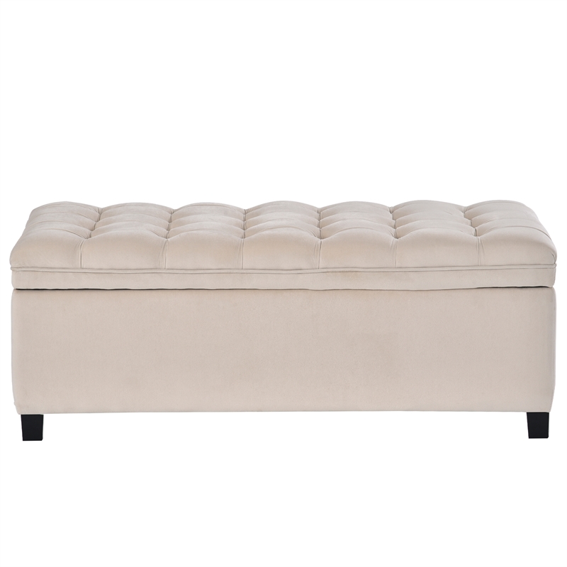 Afuera Living Beige Button-Tufted Rubber Wood Upholstered Flip-Top Storage Bench