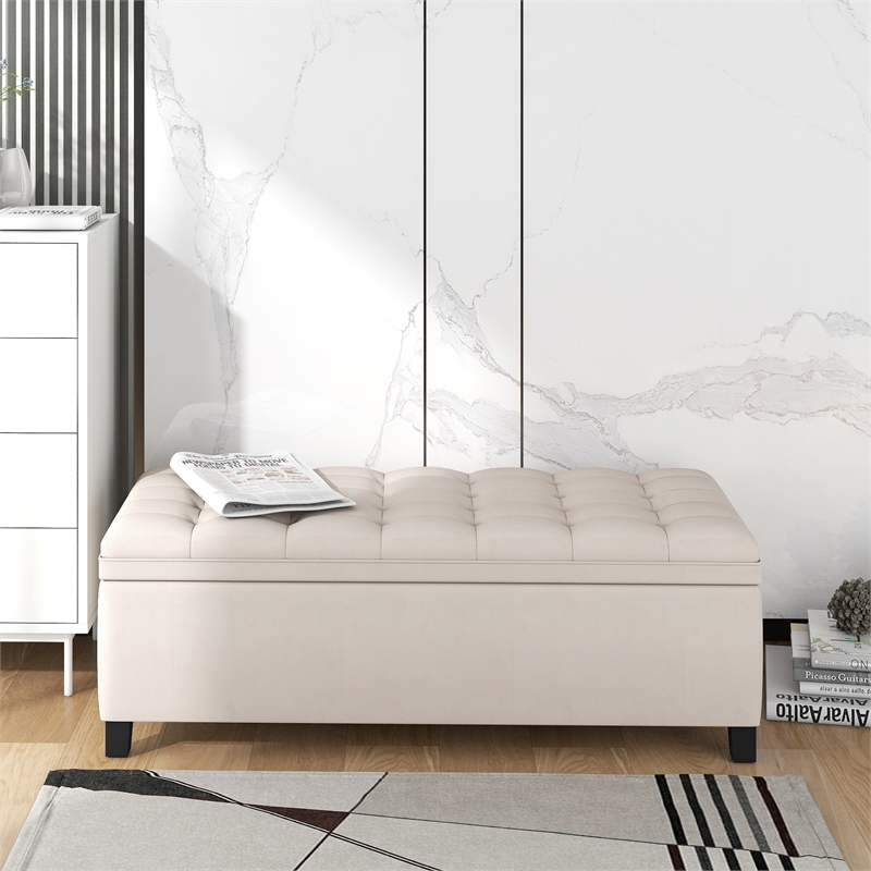 Afuera Living Beige Button-Tufted Rubber Wood Upholstered Flip-Top Storage Bench