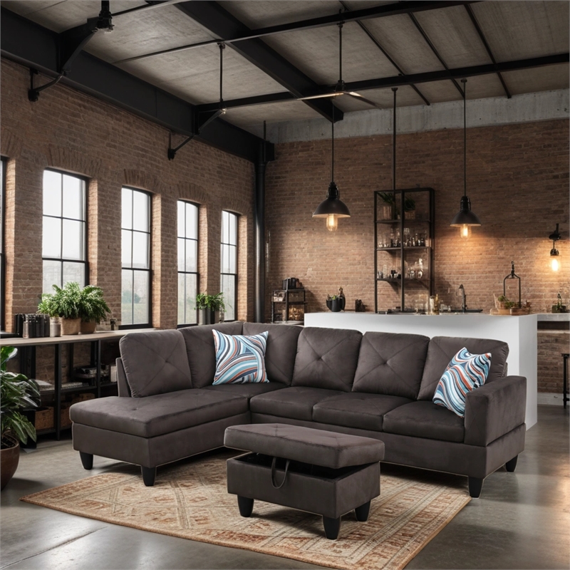 Afuera Living Espresso Flannel 3-Piece Sofa Set with Storage Footstool
